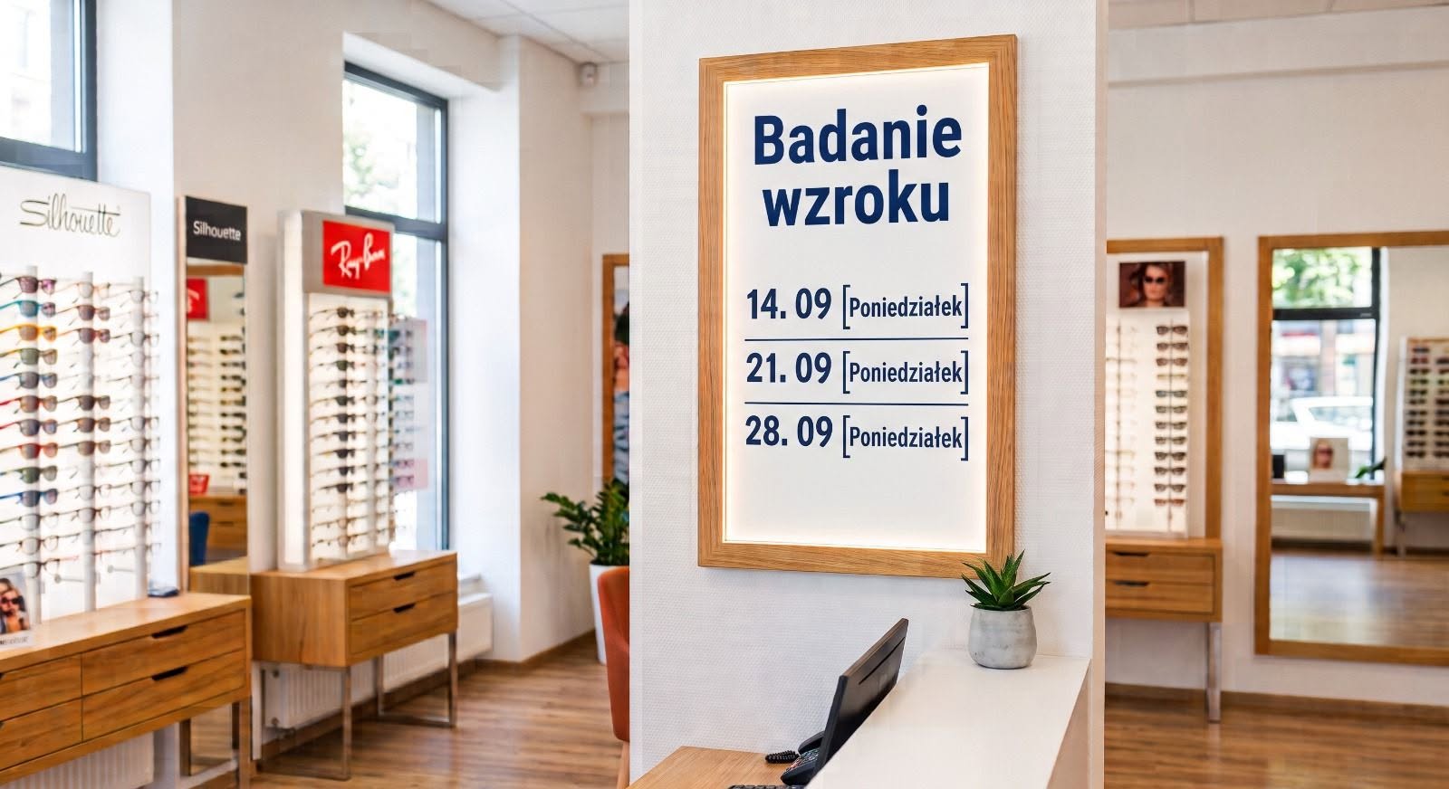 Gabinet badań wzroku w salonie Wasz Optyk — tablica z terminami najbliższych badań