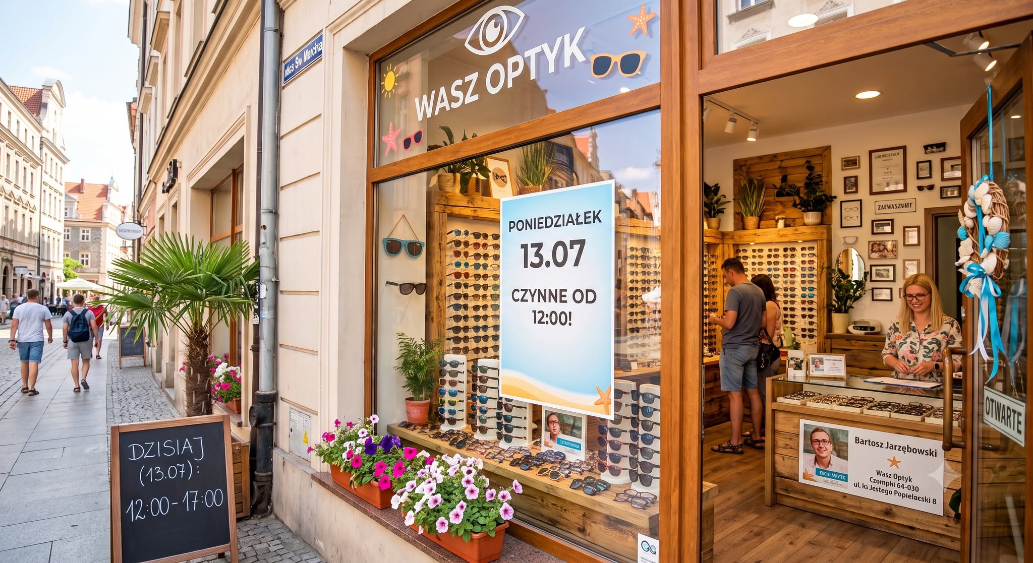 Witryna salonu Wasz Optyk w Czempiniu z ekspozycją okularów przeciwsłonecznych